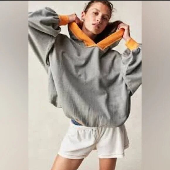Free People We The Free Lined Gray Oversized Hoodie Top Bubble Hem XL